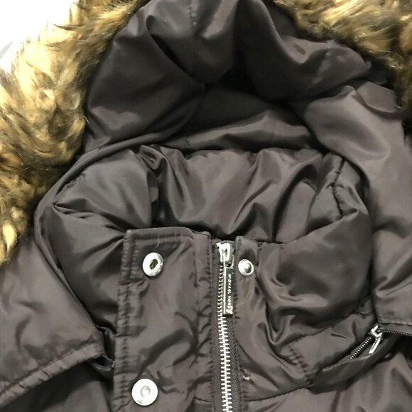 Michael Kors Womens LG Down & Feathers Puffer Coat Mid Length Brown Faux Fur Tri - Picture 4 of 13